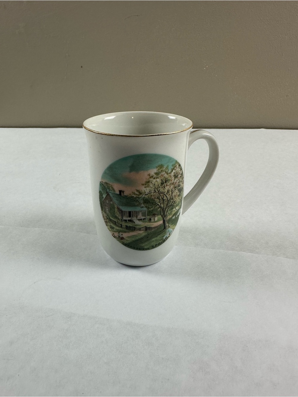 Currier & Ives VTG White Ceramic Mug with Gold Rim and Scenic Print